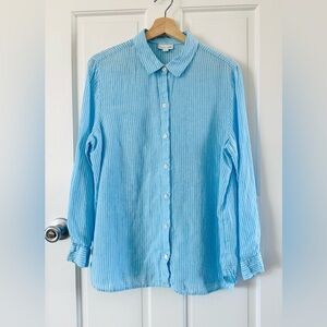 J. Jill Love Linen Sky Blue White Stripe Button Up Shirt Blouse Size M